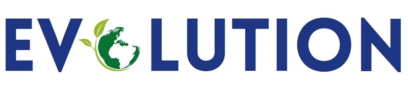 Blue capital letters spelling out the word 'Evolution'. The first 'O' is replaced by a green and white representation of our planet. A couple of green leaves are shown to the left of the planet image.
